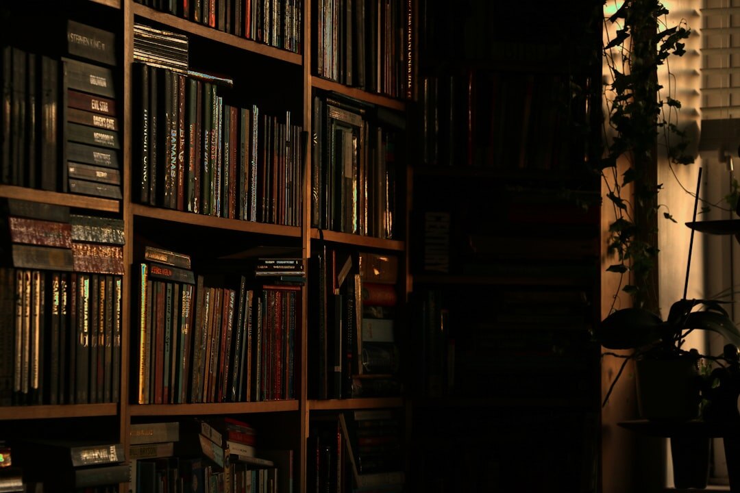Cozy home library filled with detective novels and warm lighting