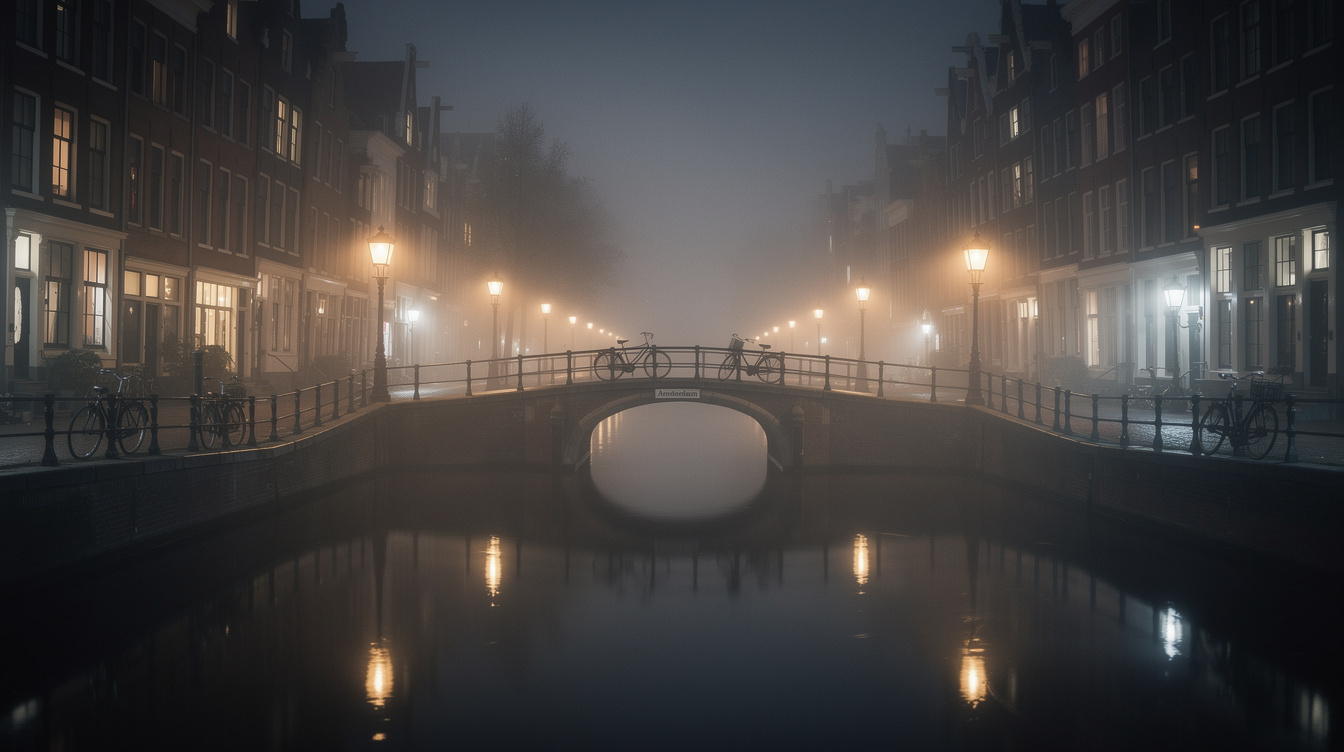 Foggy Amsterdam canal at night with old street lamps