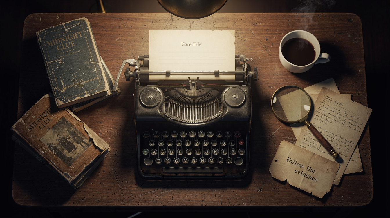 Vintage detective desk with typewriter, magnifying glass and old crime novels
